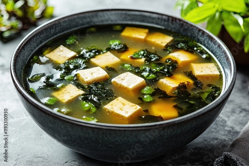 vibrant close-up of miso soup bowl with tofu cubes and seaweed set on muted gray background with ample copy space