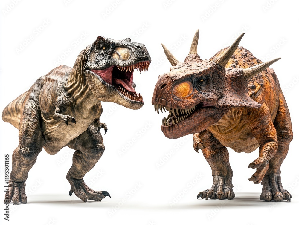 Fototapeta premium Two Realistic Dinosaur Models Engaged in a Dynamic Pose on a White Background