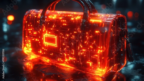 Futuristic glowing handbag with intricate circuitry design, illuminated in a dark, reflective setting