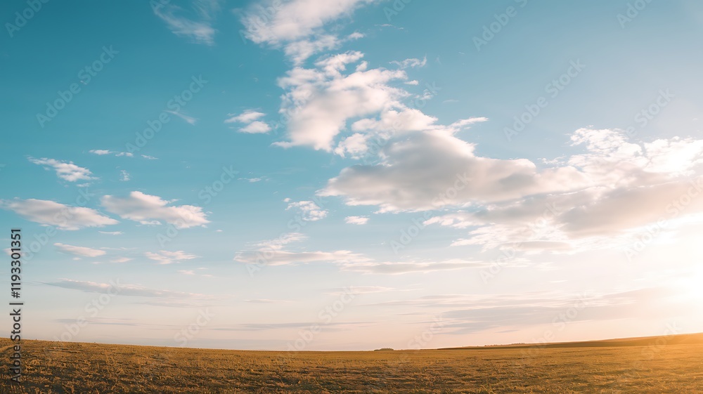 Vast open field beneath a bright blue sky, with soft white clouds scattered across the horizon. The golden glow of sunlight enhances the peaceful landscape Vast open field beneath a bright blue sky, with soft white clouds scattered across the horizon. The golden glow of sunlight enhances the peaceful landscape