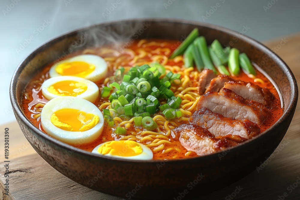 vibrant image of steaming bowl of ramen with soft-boiled eggs green onions and pork slices resting on wooden surface vibrant image of steaming bowl of ramen with soft-boiled eggs green onions and pork slices resting on wooden surface