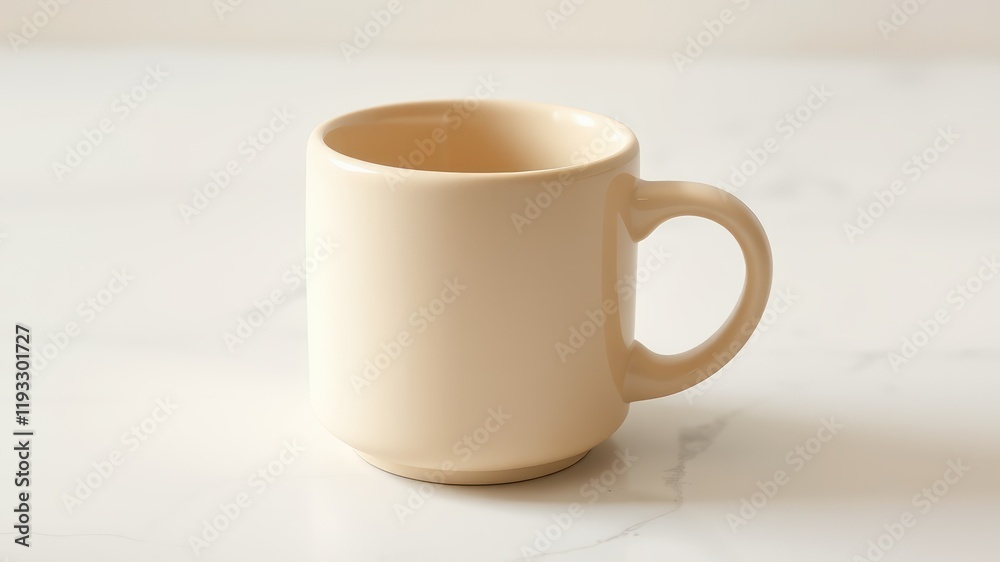 A beige ceramic coffee mug with a minimalist design on a white marble countertop. A beige ceramic coffee mug with a minimalist design on a white marble countertop.