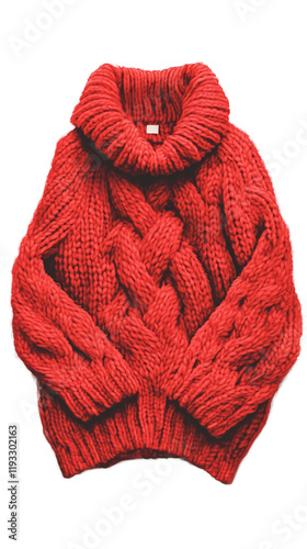 
Cozy, warm red knitted sweater with a distinct texture, looking soft and comfortable, on a transparent background.