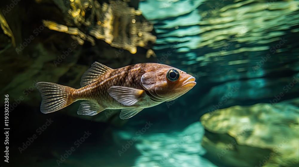 Fototapeta premium blind cavefish swimming through crystal-clear subterranean water with rock walls softly blurred behind