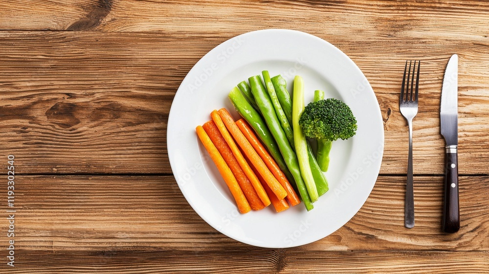 Fresh and Colorful Raw Vegetables on a White Plate with Fork and Knife on a Wooden Table, Emphasizing Healthy Eating and Culinary Presentation Fresh and Colorful Raw Vegetables on a White Plate with Fork and Knife on a Wooden Table, Emphasizing Healthy Eating and Culinary Presentation