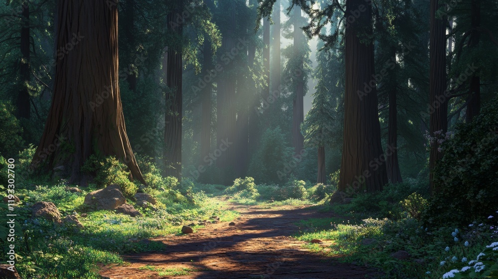 Fototapeta premium Sunlight Filtering Through Tall Trees in Serene Forest Landscape