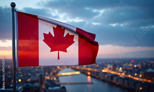 Canadian Flag at Twilight with Cityscape