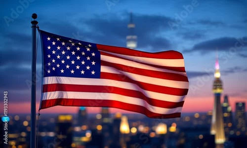 United States Flag at Twilight with Cityscape