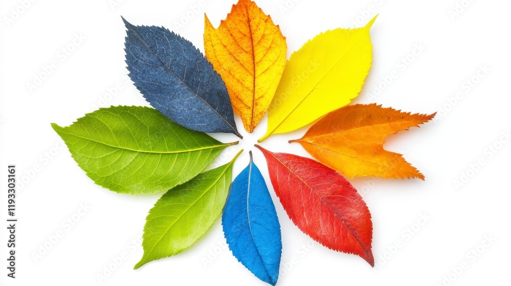 Fototapeta premium A vibrant arrangement of assorted leaves showcasing the beauty of nature's colors in a circular pattern.