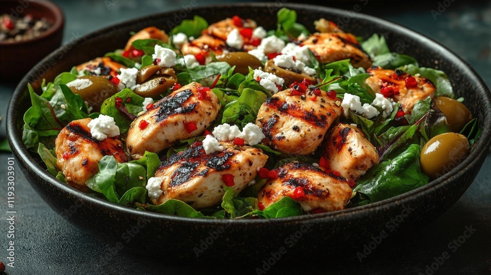 Grilled Chicken and Feta Salad with Mixed Greens and Olives Grilled Chicken and Feta Salad with Mixed Greens and Olives
