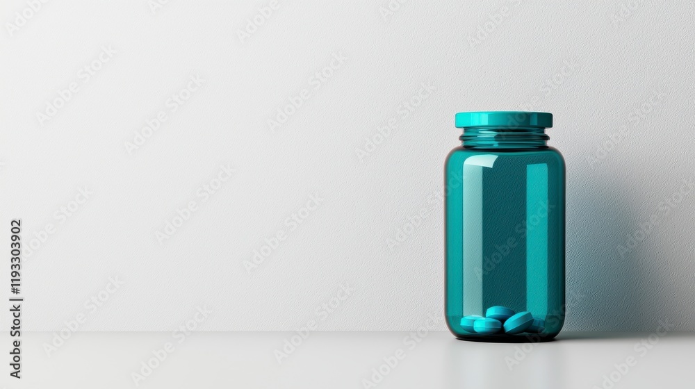 Vibrant Blue Pill Container Isolated on a Minimalist Background, Showcasing Prescription Medications in a Clear Glass Jar for Health and Wellness Concepts Vibrant Blue Pill Container Isolated on a Minimalist Background, Showcasing Prescription Medications in a Clear Glass Jar for Health and Wellness Concepts