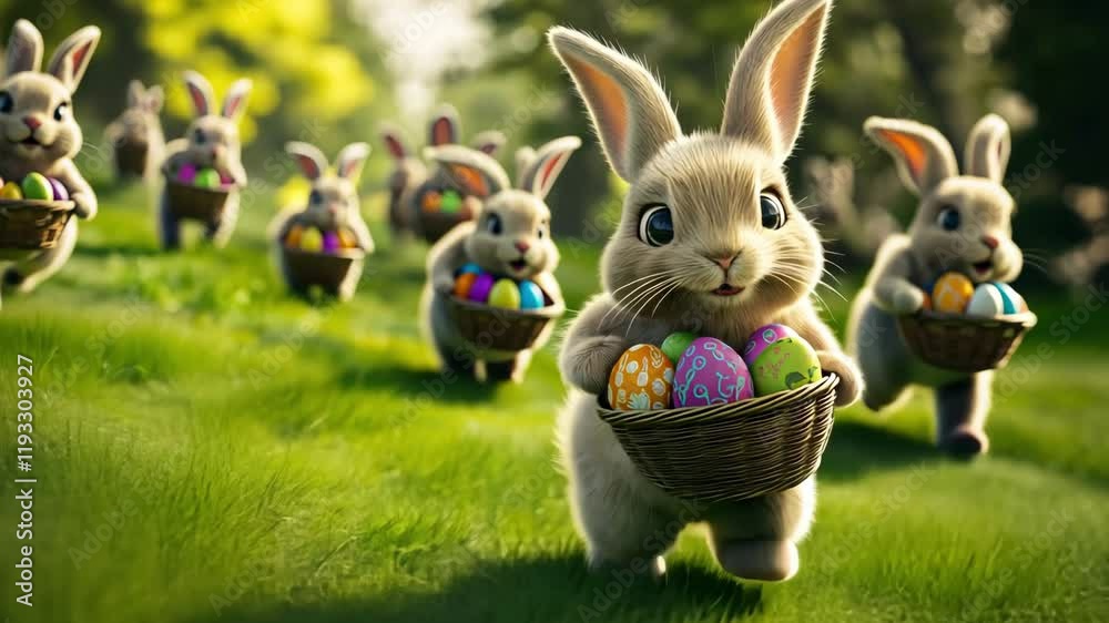 Adorable rabbits joyfully hop across vibrant green grass, each carrying a basket filled with brightly colored Easter eggs on a sunny day
