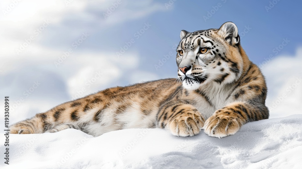Fototapeta premium Majestic Snow Leopard Resting in Snowy Mountains