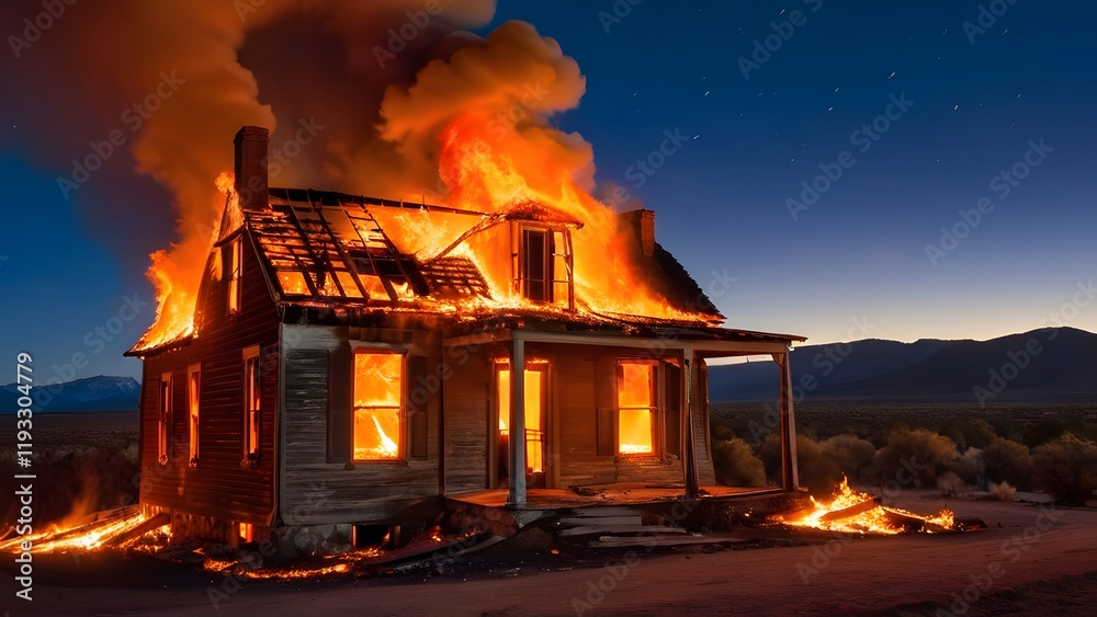 Burning Farmhouse: A Dramatic Night Scene of Fiery Destruction Burning Farmhouse: A Dramatic Night Scene of Fiery Destruction