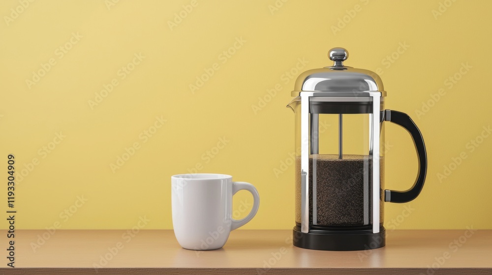 Elegant Manual Coffee Maker with Freshly Brewed Coffee Next to a White Ceramic Cup on a Wooden Table Against a Bright Yellow Background Elegant Manual Coffee Maker with Freshly Brewed Coffee Next to a White Ceramic Cup on a Wooden Table Against a Bright Yellow Background