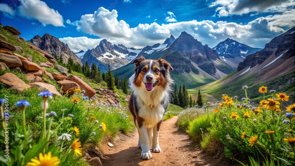 Obraz premium Australian Shepherd Hiking Colorado Rockies, Scenic Mountain Landscape