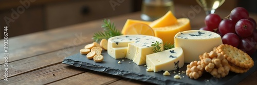 Various cheeses, crackers, red grapes, and citrus on a wooden table, National Cheese Lover's Day. photo