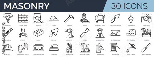 Set of 30 outline icons related to masonry. Linear icon collection. Editable stroke. Vector illustration	