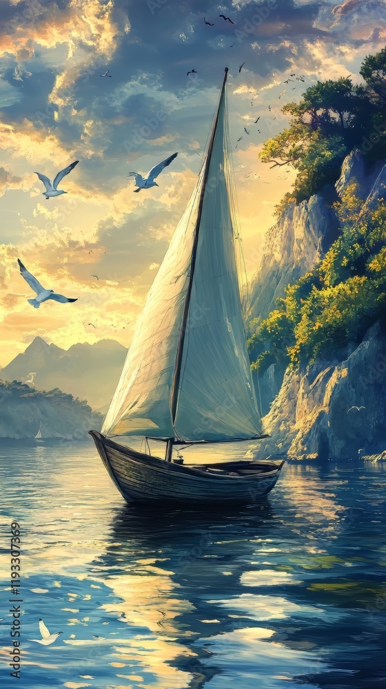 Fototapeta premium Sailboat at Sunset in a Calm Bay.