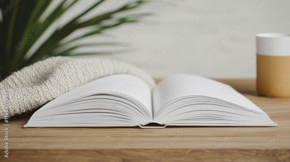 Open Book Spread on Wooden Table with Soft Blanket and Plant, Opened book on table concept. Open Book Spread on Wooden Table with Soft Blanket and Plant, Opened book on table concept.