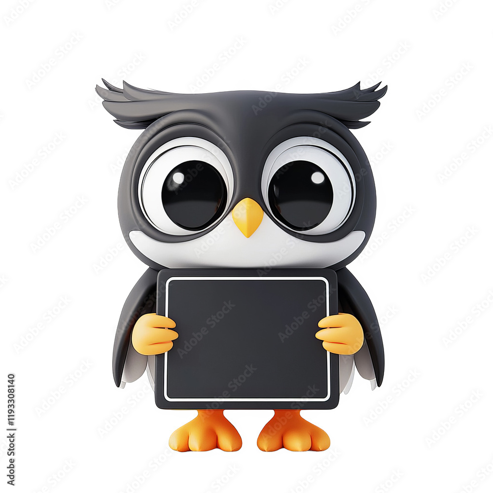 Fototapeta premium Cute cartoon owl holding a sign playful art showcase digital environment eye-level perspective whimsical concept