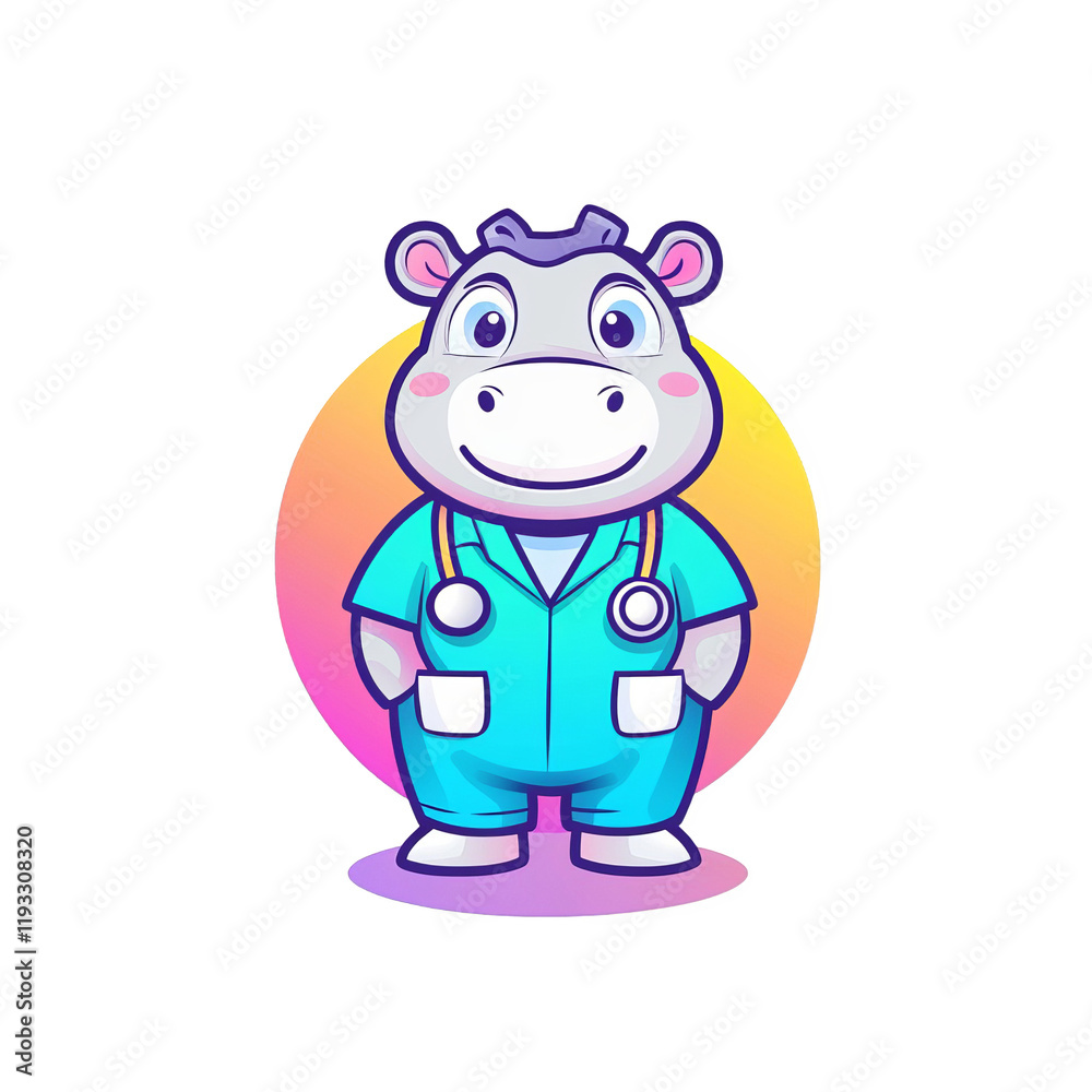 Fototapeta premium Cheerful cartoon hippo doctor children���s illustration digital art playful environment close-up view healthcare c