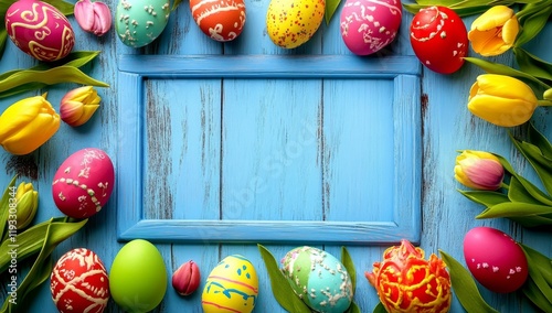 Easter Eggs and Tulips on B...