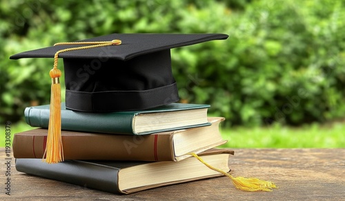 Graduation Cap on Books Gre...