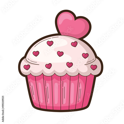 Pink cupcake hearts decoration on frosting topped by heart for Valentines, bakery, love, sweets, dessert, celebration, food, cards