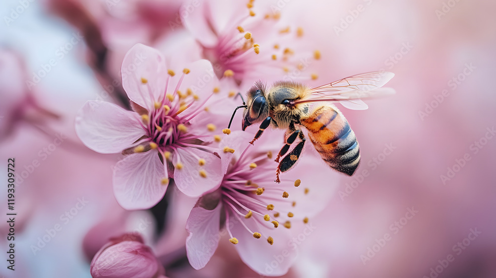 Macro Close-Up of Pink Wildflowers with Bees Gathering Nectar
