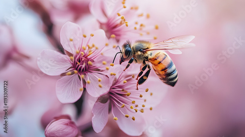 Obraz na płótnie Macro Close-Up of Pink Wildflowers with Bees Gathering Nectar w salonie