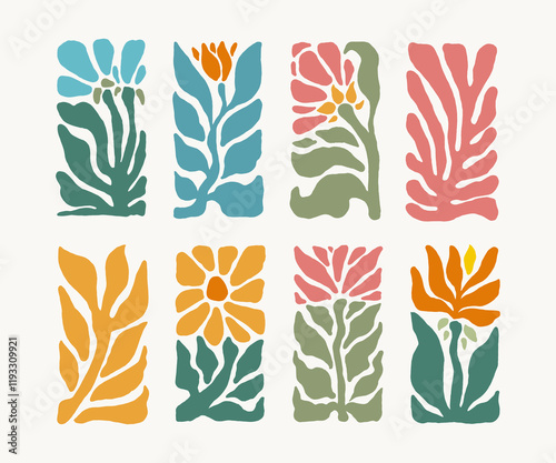 Abstract floral poster set. Botanical papercut art. Vector designs of plant pattern shapes in boho, naive, vintage styles.