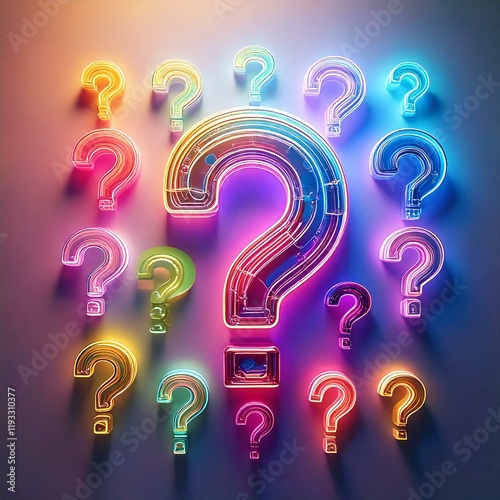 Many 3D neon glowing question marks with the biggest in the centre. Many questions icon. Glowing neon question marks, FAQ support, answer searching. Find problem decision.