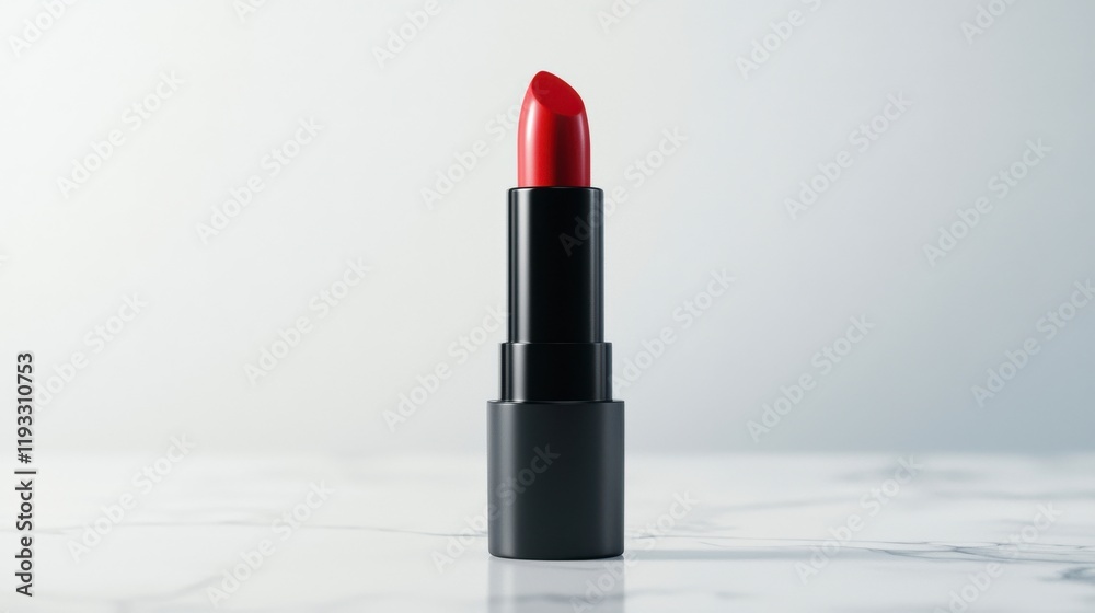 Obraz premium Vibrant Red Lipstick on Marble Surface - A Captivating Beauty Product, Perfect for Makeup Photography, Fashion Shoots, and Cosmetic Advertisements