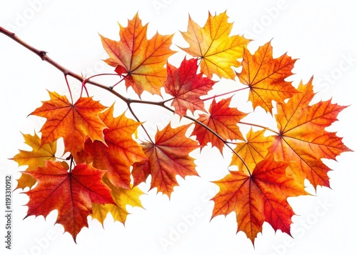 Autumn Maple Leaves Branch, Isolated White Background, Fall Foliage, Red Orange Yellow Leaves, Nature Photography