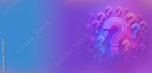 Many 3D neon question marks with the biggest in the centre. Many questions icon purple wallpaper.
