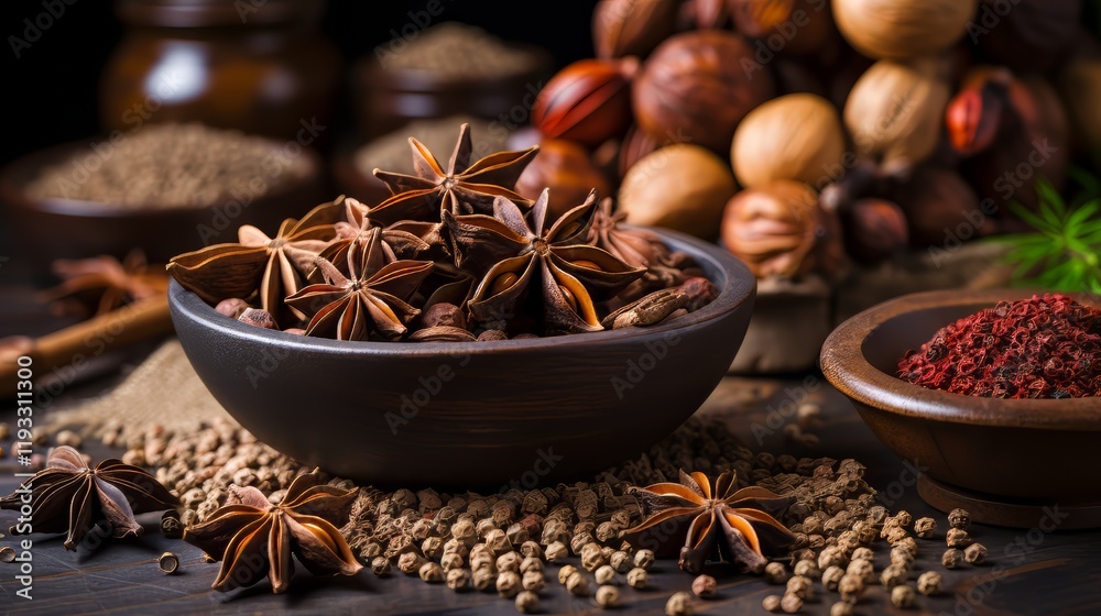 Aromatic Star Anise and Spices in Rustic Bowl Aromatic Star Anise and Spices in Rustic Bowl