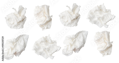 Top view set of screwed or crumpled white tissue paper balls isolated with clipping path in png file format