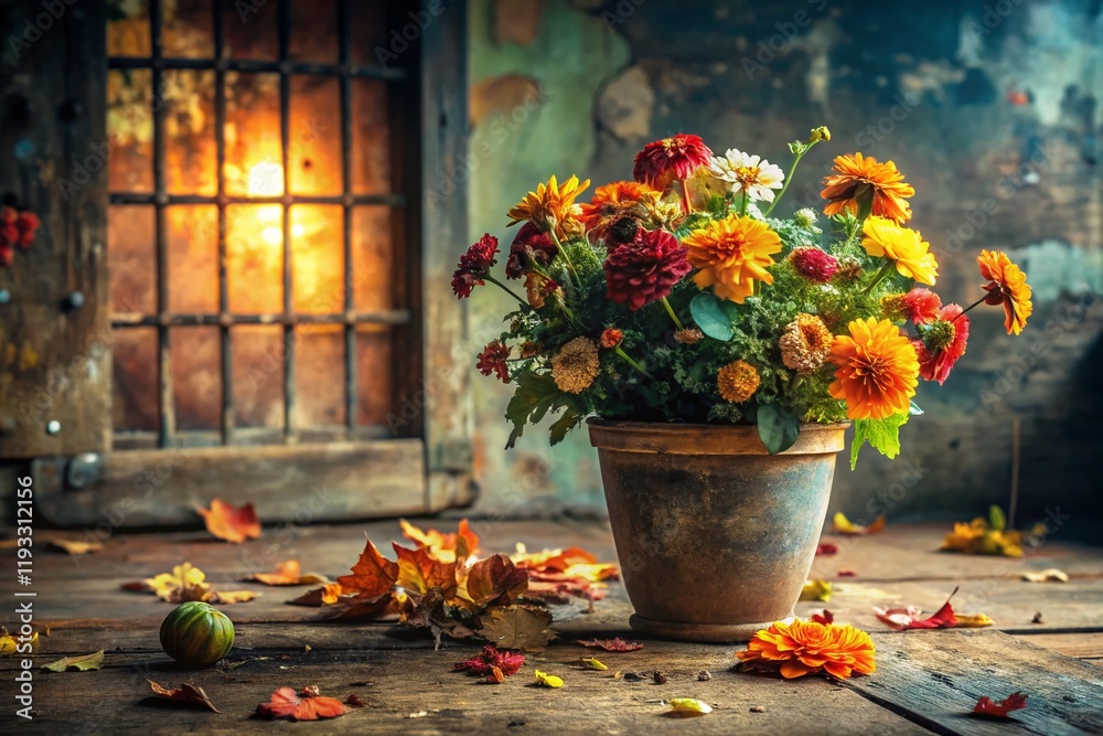 Fototapeta premium Autumn Still Life: Flower Pot & November Calendar, Urban Exploration Photography