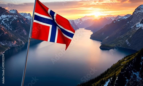 Norwegian Flag Waving in Fjord Sunset
