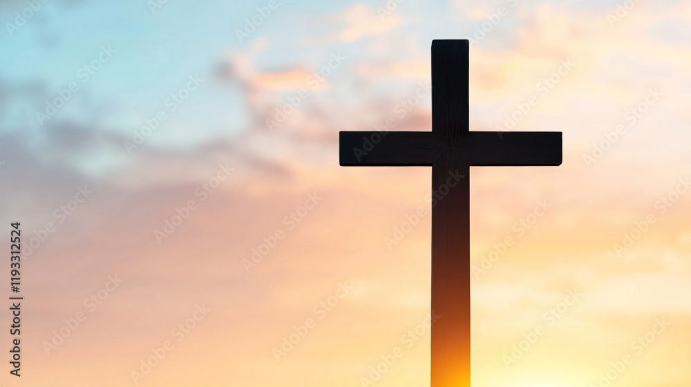 Silhouette of a Cross Highlighted by a Beautiful Sunset Glow, Cross silhouette sunset concept. Silhouette of a Cross Highlighted by a Beautiful Sunset Glow, Cross silhouette sunset concept.