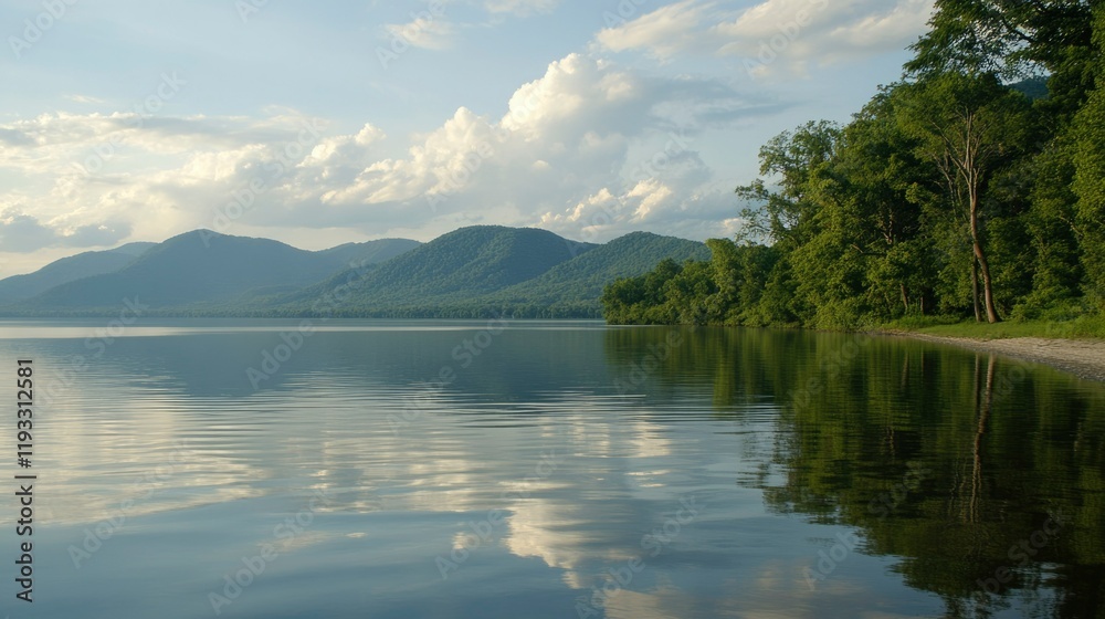 Serene lake view with mountainous backdrop and lush trees Serene lake view with mountainous backdrop and lush trees