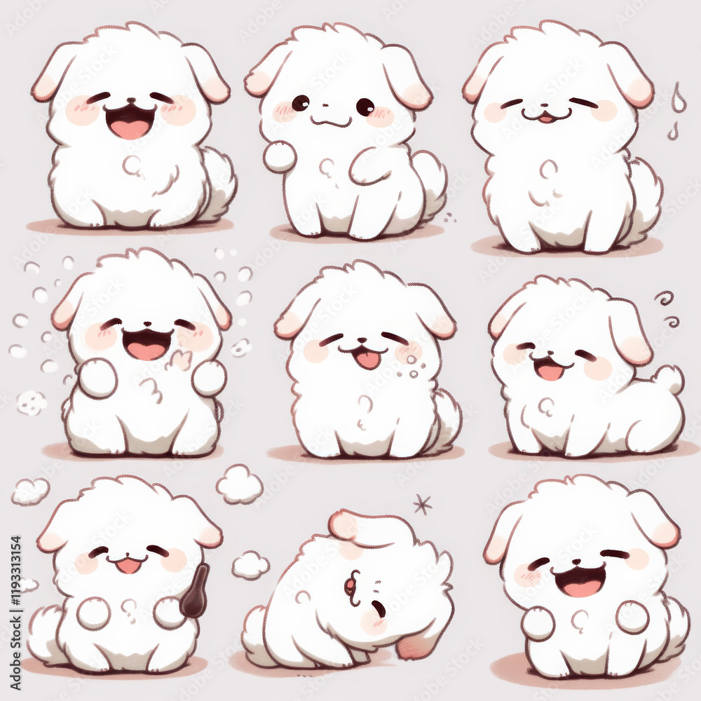 Cute cartoon dog expressions showcasing joy, surprise, and playfulness. This adorable fluffy puppy exhibits various emotions, making it perfect for fun designs and illustrations Cute cartoon dog expressions showcasing joy, surprise, and playfulness. This adorable fluffy puppy exhibits various emotions, making it perfect for fun designs and illustrations