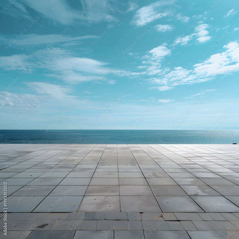 Fototapeta premium Serene Coastal Landscape with Expansive Blue Sky and Tranquil Pavement