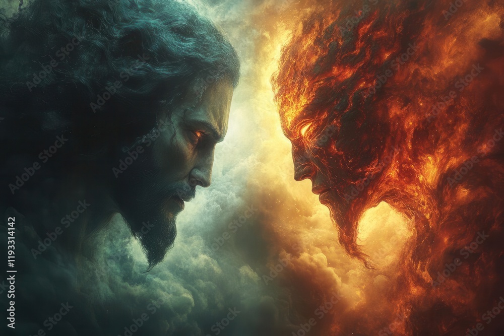 confrontation of good and evil depicted through the intense gazes of jesus and lucifer, surrounded by swirling dark clouds and rays of light, illustrating the eternal struggle confrontation of good and evil depicted through the intense gazes of jesus and lucifer, surrounded by swirling dark clouds and rays of light, illustrating the eternal struggle