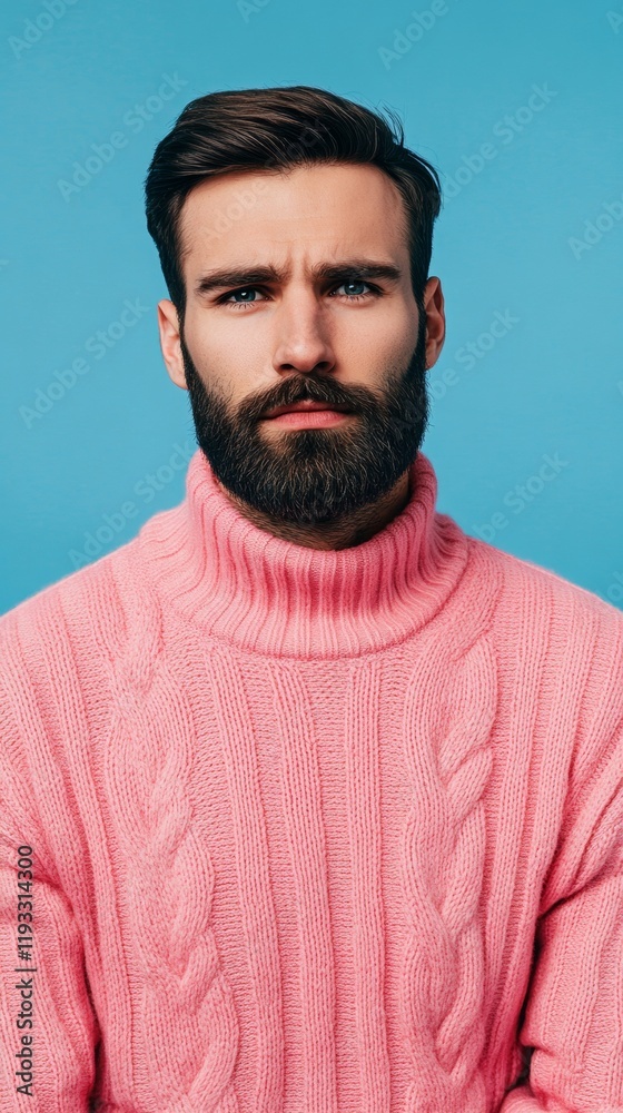 man with pink sweatshirt on blue background with copy space vertically 9:16 man with pink sweatshirt on blue background with copy space vertically 9:16