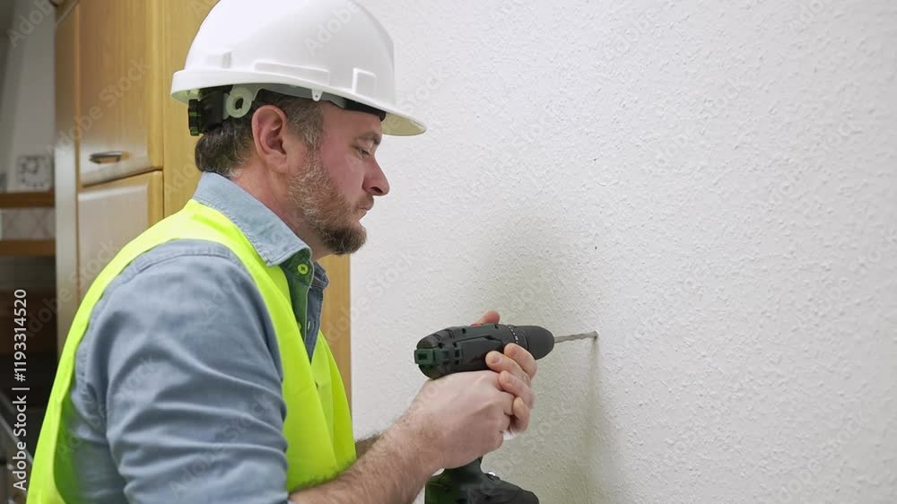 A worker using an electric drill or screwdriver drills into the wall of a house. A worker using an electric drill or screwdriver drills into the wall of a house.