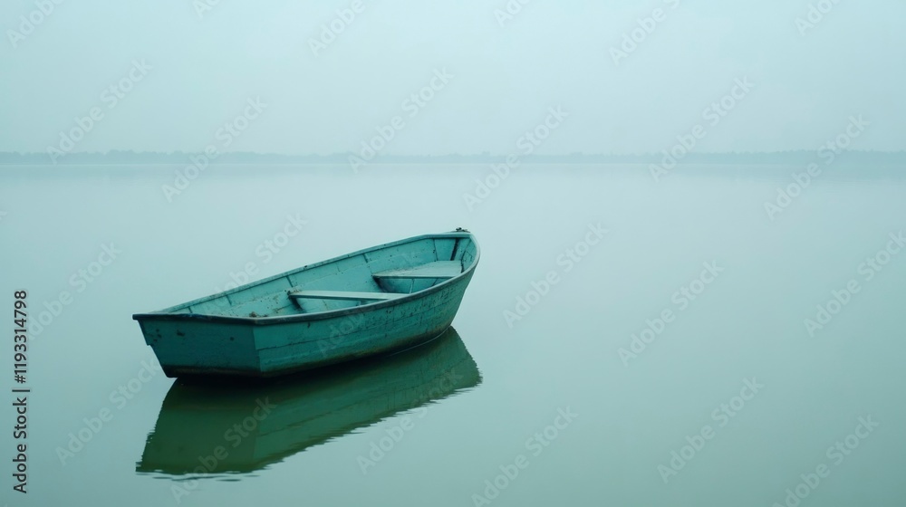 A solitary boat floats serenely on a misty lake A solitary boat floats serenely on a misty lake