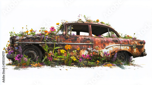 A rusty car overgrown with greenery and flowers symbolizes the harmony of nature and the decay of technology. Perfect for ecological and artistic projects.