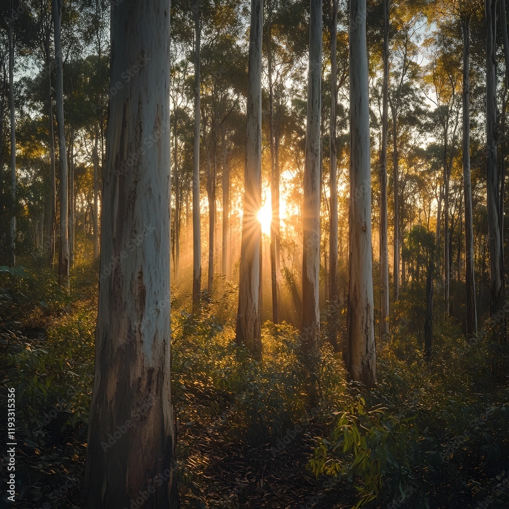 Fototapeta premium Stunning Eucalyptus Forest Bathed in Warm Sunlight Rays